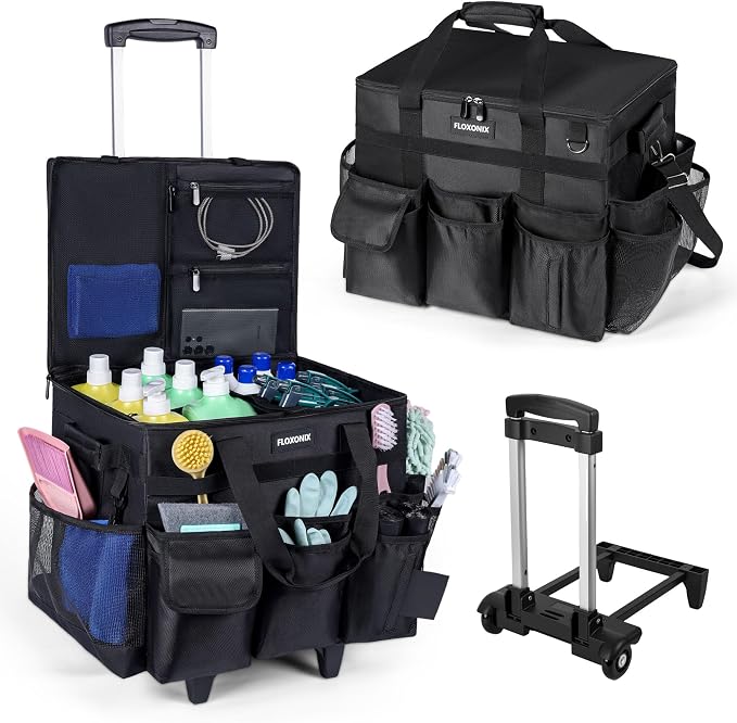 Large Rolling Cleaning Caddy Bag with Wheels, with Detachable Trolley, Cleaning Bags on Wheels for Housekeepers, Cleaning Cart Supplies Organizer for Home, Car, Picnic (Black) by Unknown