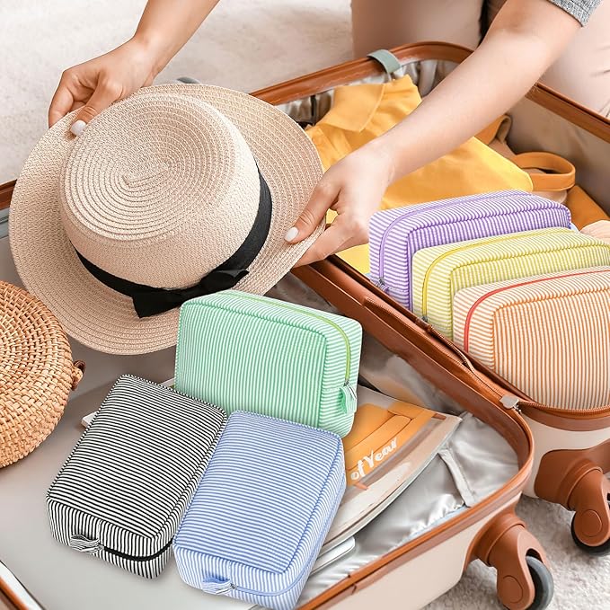 Sanwuta 9 Seersucker Cosmetic Bag Bulk Striped Makeup Bag for Women Aesthetic Cute Travel Toiletry Organizer Preppy Storage Pouch for Wedding Bridesmaid Mother's Day Teacher Gift (Large,Candy Color) - Image 5