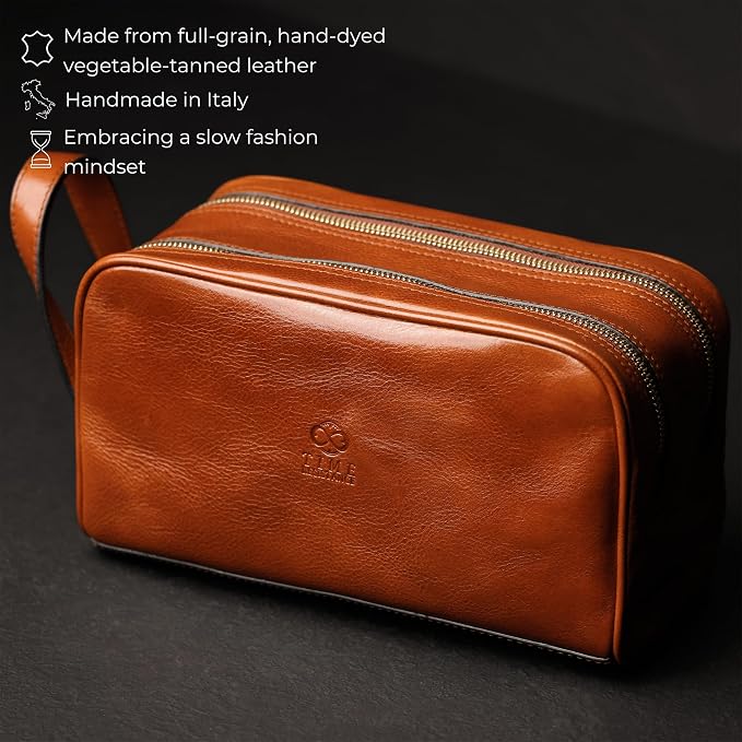 Time Resistance Leather Cosmetic Bag - Italian Toiletry Dopp Kit (Cognac Brown) - Image 4