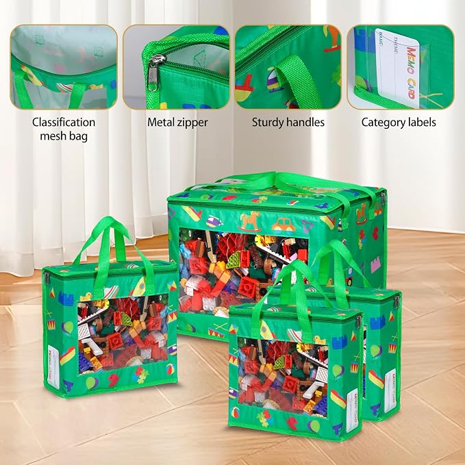 4 Pack Waterproof Toy Storage Bags with Labels,Include 1 Pcs Extra Large and 3 Pcs Large Bags,Oxford Cloth Toy Storage Pouch,Portable Trave Toy Organizer for Board Game, Building Blocks, Puzzle - Image 3