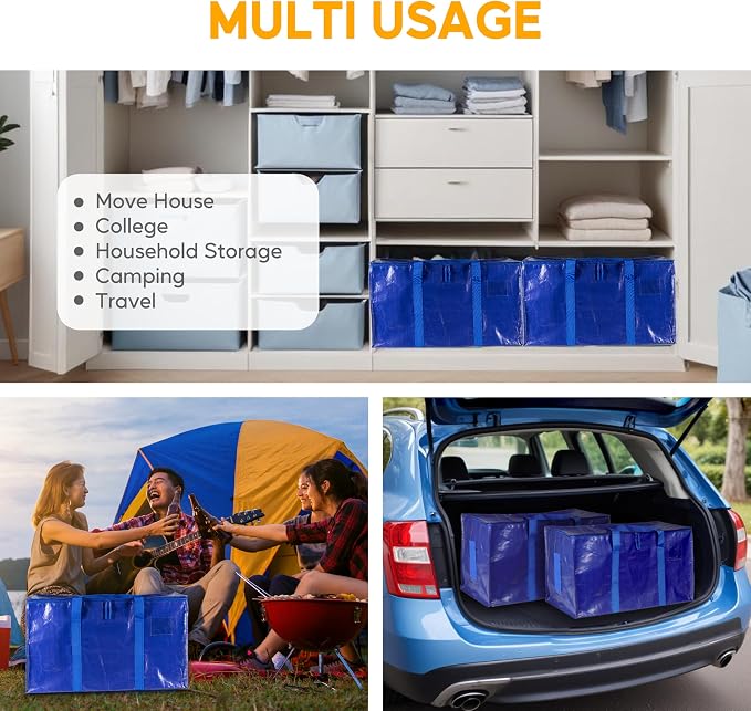 HealSmart 12 Pack Large Moving Bags with Zippers & Handles, Moving Supplies with lids, Heavy Duty Totes for Space Saving, Fold Flat, Moving and Storing, Blue - Image 3