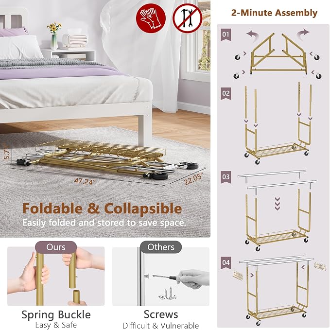 Hoctieon 2-Minute Assembly Double Rod Clothes Rack, Heavy Duty Rolling Clothing Racks with Wheels, Foldable Commercial Garment Rack, Extendable Hanging Bar, Adjustable Metal Pole with Hooks, Gold - Image 4