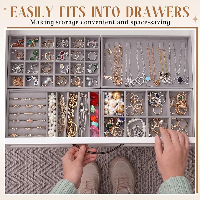 Tondiamo 16 Pcs Velvet Jewelry Drawer Organizer Trays Bulk 8.39 x 4.88 x 0.94 Inch Grey Stackable Jewelry Storage Inserts Set Tray Set with Removable Divider for Earrings Necklaces Bracelets - Image 3