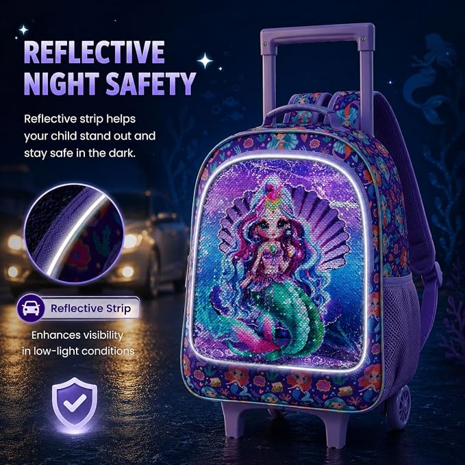 AGSDON 3PCS Rolling Backpack for Girls Boys, Kids Roller Wheels Bookbag, Wheeled School Bag with Lunch Bag - Image 4