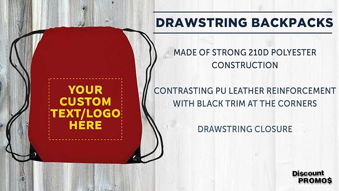 DISCOUNT PROMOS Custom Black Trim Drawstring Backpacks Set of 10/50/100, Personalized Bulk Pack - Gym Bag, Soccer Shoes, Water Resistant - Red - Image 3