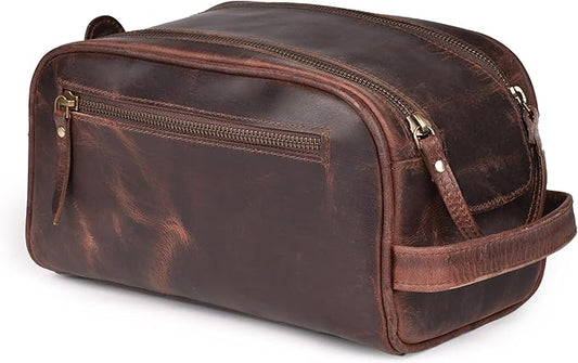 LEATHER VILLAGE Genuine Leather Toiletry Travel Bag With Waterproof Lining - Mulberry Brown | King-Size Handcrafted Vintage Dopp Kit Bag, Shaving & Bathroom Organizer, Gift for Men & Women by LeatherVillage