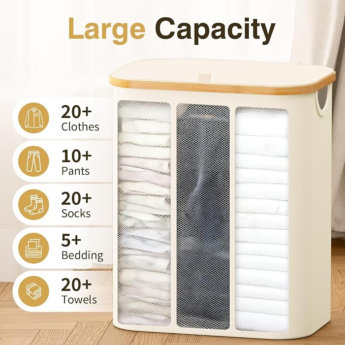 Hampers for Laundry Basket with Lid, 160L Large Laundry Hamper 3 Section | Dirty Clothes Hamper Separator with 3 Removable Bags & 5 Labels, Divided Laundry Organizer for Bedroom, Laundry Room, Beige - Image 5