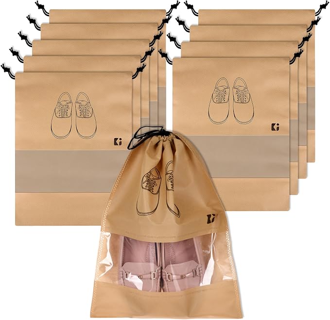 Kuber Industries Pack of 10 Shoe Bags | Shoe Bags for Travel | Non-Woven Shoe Storage Bags | Storage Organizers Set | Shoe Cover with Transparent Window | Shoe Dori Cover | Beige by Kuber+Industries