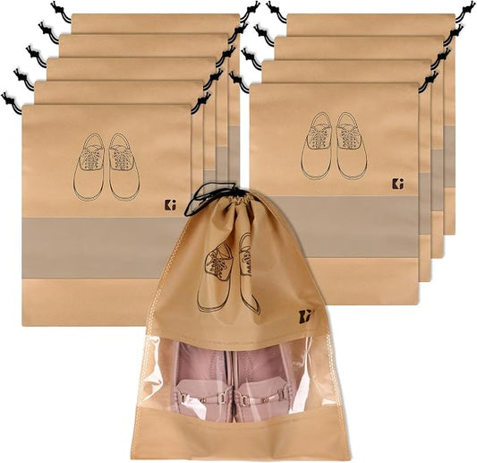 Kuber Industries Pack of 10 Shoe Bags | Shoe Bags for Travel | Non-Woven Shoe Storage Bags | Storage Organizers Set | Shoe Cover with Transparent Window | Shoe Dori Cover | Beige by Kuber+Industries