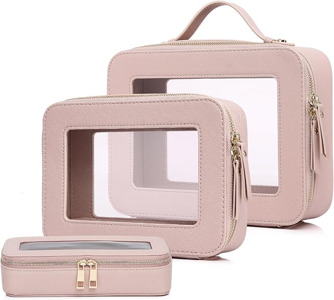 Pinkmik Clear Makeup Bag with Brush Bag 3pcs Waterproof Travel Case for Cosmetics and Toiletries Women's Makeup Organizer with Zipper (Pink, L+M+SLIM) by Pinkmik