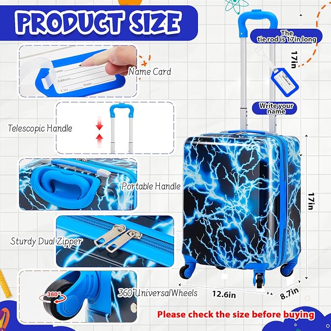 Redbaker 6 Pcs Travel Luggage Set, 17 Inch Rolling Suitcase with Backpack Lunch Bag Neck Pillow Luggage Tag and Pen Pouch, Blue Lightning Pattern for Vacation Sleepover Weekend Trips - Image 2
