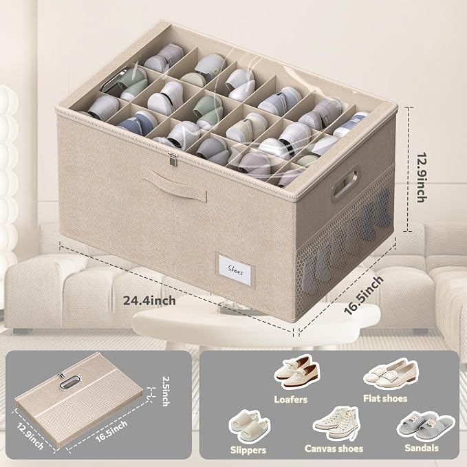 2 Pack Shoe Organizer for Closet Large Shoe Box Storage Containers with Clear Window Space Saving Shoe Bin with Foldable Bottom Support Adjustable Dividers Fits 36 Pairs (Beige, (24.4*16.5*13inch)x2) - Image 2