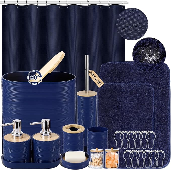 XLHOMO Bathroom Set - Navy Blue Bathroom Accessories Set, Bathroom Sets with Shower Curtain and Rugs, 25PC Shower Curtain Set with Hooks, Soap Dispenser, Soap Dish, Toilet Brush Holder and Trash Can by BetterbathroomwithXLHOME