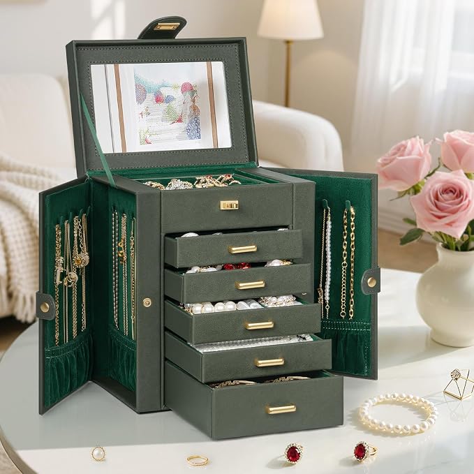 AKOZLIN 6-Tier Jewelry Box Organizer Functional 5 Drawers Leather Jewelry Storage Case for Women Girls Ring Necklace Earring Bracelet Holder Organizer with Mirror DrakGreen Regular - Image 7