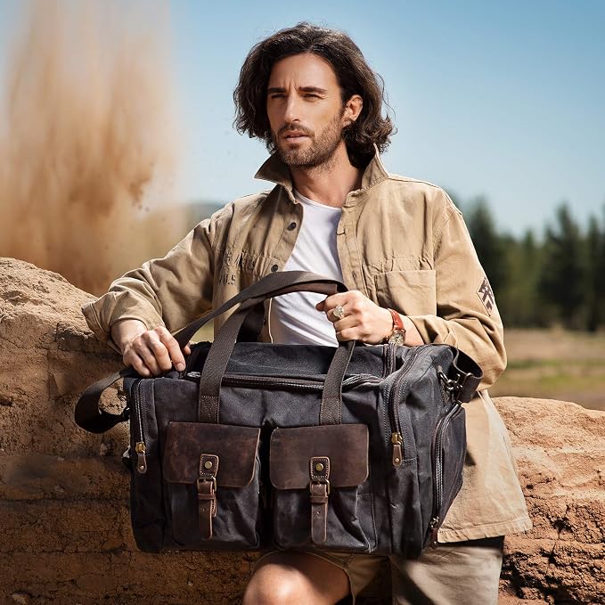 Waxed Canvas Duffel Bag with Shoe Compartment | Waxed Canvas Travel Bag for Men, Genuine Leather Trim, Shoe Compartment, Front Pockets, Weekend, Overnight and Carry-On Use - Image 7