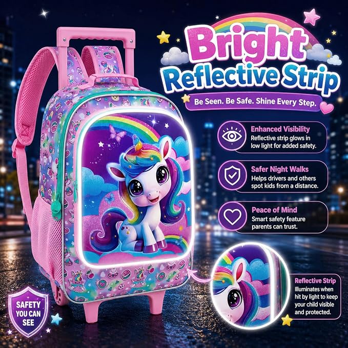 HPJGD 3PCS Unicorn Rolling Backpack for Girls, Kids School Backpacks with Wheels, Water Resistant UV Printed Roller Wheeled Bookbag Set - Image 3