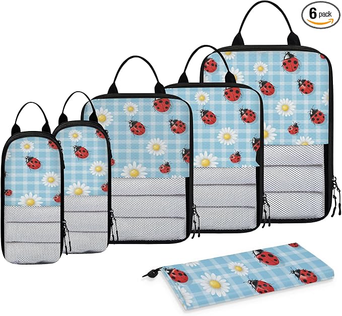 Floral Daisy Ladybugs 6 Set Compression Packing Cubes for Travel Luggage Carry On Suitcase Compressible Expandable Packing Cubes Organizers Bag by BICUUZHI