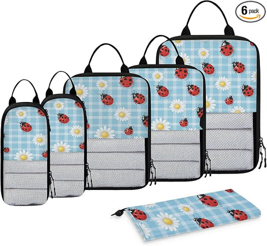 Floral Daisy Ladybugs 6 Set Compression Packing Cubes for Travel Luggage Carry On Suitcase Compressible Expandable Packing Cubes Organizers Bag by BICUUZHI
