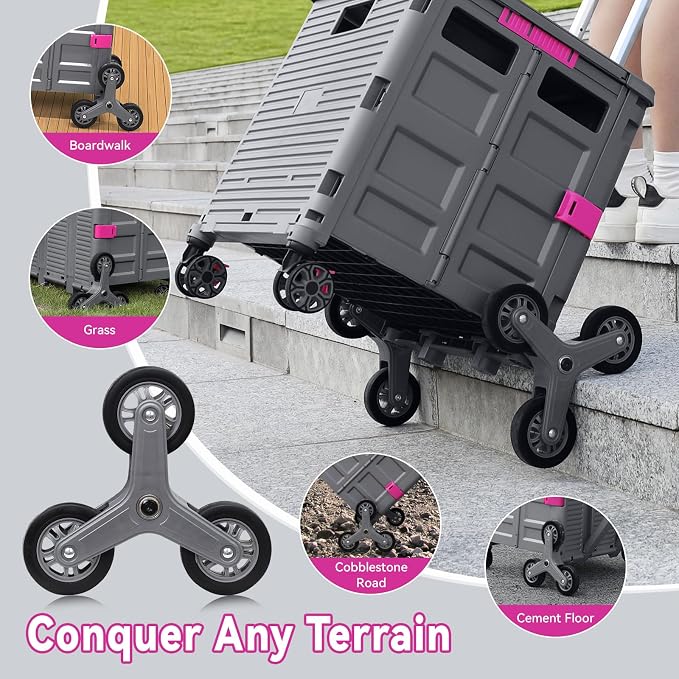 Foldable Utility Cart Portable Crate Rolling Dolly with Telescopic Handle,Can be Pulled diagonally, Magnetic Retractable Lid, 360°Swivel Climbing Wheels for Shopping Carrying Groceries Move Grey - Image 2