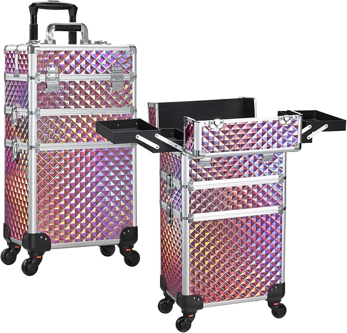 FRENESSA 3 in 1 Rolling Makeup Train Case Cosmetology Case on Wheels Pink | Cosmetic Trolley Large Storage with Keys 360° Swivel Salon Barber Case Traveling Cart Trunk for Artist Hairstylists Nail Tech by Frenessa