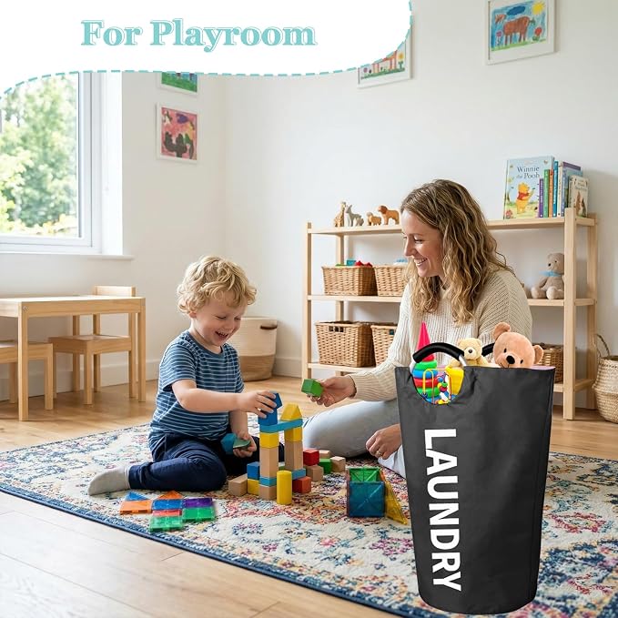 WOOHA 95L Large laundry baskets, Tall Clothes Baskets Folding Washing Bin Foldable Fabric Hamper Bags for Bedroom, Closet,Bathroom,College,laundry bag, black - Image 3