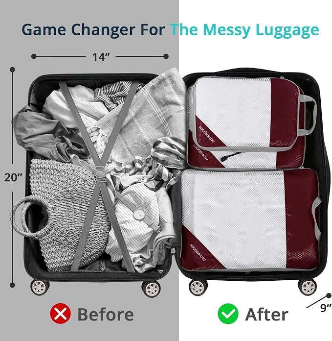 NICOSHOW 3 Set Compression Packing Cubes for Travel - Compressible, Lightweight, and Space-Saving Packing Cubes, Travel Essentials for Women, Wine - Image 6