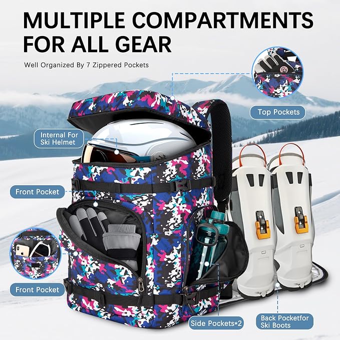 65L Waterproof Ski Boot Bag, Heavy Duty Snowboard Backpack for Helmet Goggles Gear, Air Travel Winter Sports Bag - Image 3