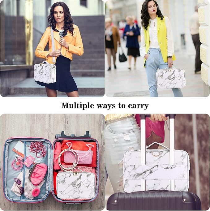 Travel Makeup Train Case,Large Capacity Cosmetic Bags for Women,Portable Makeup Bag Organizer with Adjustable Dividers & Shoulder Strap(Marble White, Medium) - Image 5