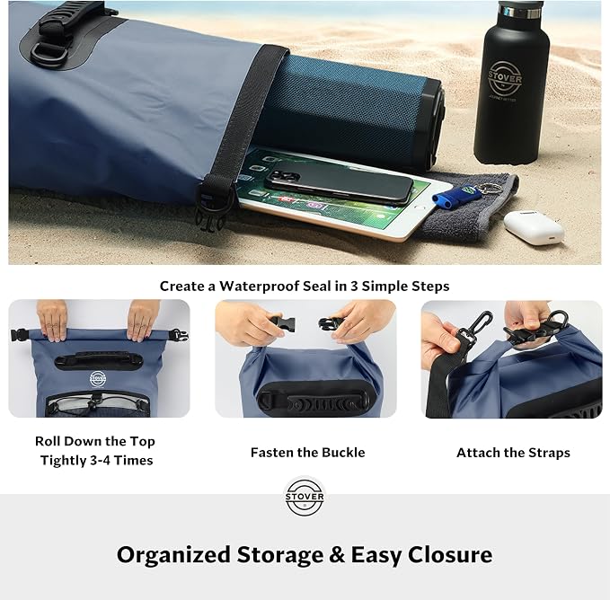 STOVER 5/10/25/30/40L Waterproof Dry Backpack & Phone Case- Large Floating Dry Bag for Kayaking, Travel, Hiking, Fishing, Camping, Motorcycles & Beach, Heavy-Duty Roll Top Men/Women (Navy Blue) - Image 5