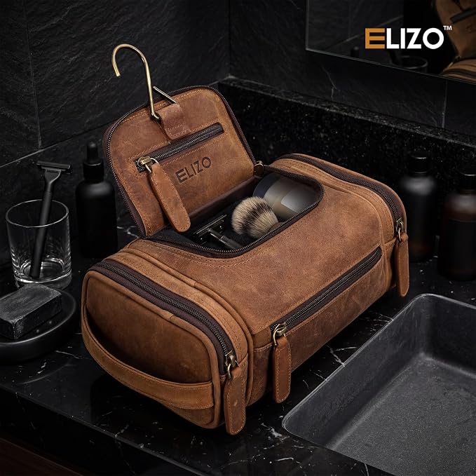 ELIZO Real Leather Toiletry Bag for Men - Small Hanging Travel Organizer for Toiletries, Ideal for Dopp Kit & Shaving Kit for Men, Essential Mens Travel Toiletry Bag for Toiletries (Saddle) - Image 6