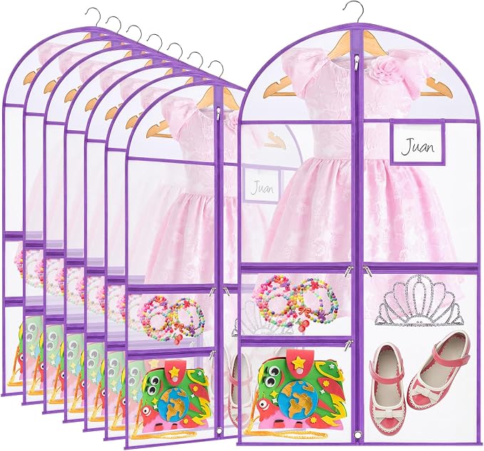FoldTier 8 Pcs Dance Costume Garment Bag for Dancers 40 Inch Purple Edge Clear PVC Waterproof Garment Bag with 3 Zipper Pockets for Dancers Competitions Hanging Clothes by FoldTier