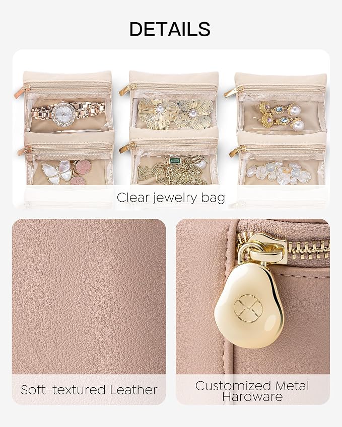VLANDO Small Jewelry Box Organizer,Travel Jewelry Storage with 6 Velvet Jewelry Zipper Pockets,Travel Jewelry Case Birthday Gifts for Women Girls(Khaki) - Image 3