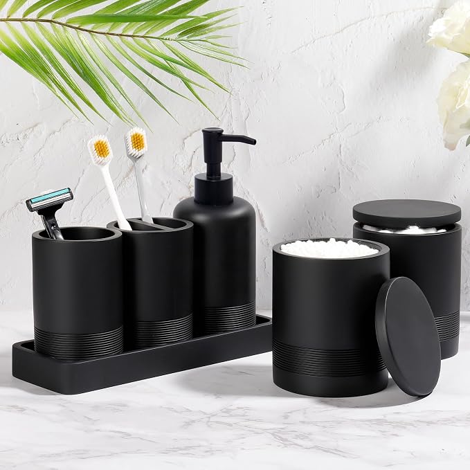 Bathroom Accessories Set, 6-Piece Bathroom Accessory Set, Toothbrush Holders Set, Soap Dispenser, Vanity Tray, Tumbler, Cotton Swab Jars, Bathroom Organizer for Modern Bathrooms(Matte Black) - Image 2