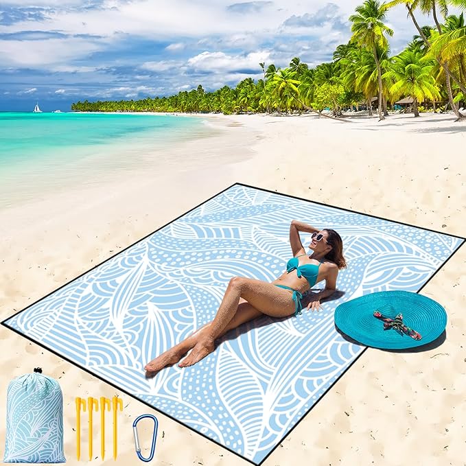 WIWIGO Beach Blanket Waterproof Sandproof Beach Mat 79" X 83"/10'x9'for 2-8 Adults Quick Drying Outdoor Picnic Mat Beach Accessories for Travel, Camping, Hiking by WIWIGO