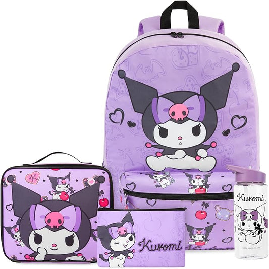 Get Trend Kuromi Girls Backpack, Lunch Bag, Pencil Case, Water Bottle | Sanrio 4 Pc Set, 18in Bookbag, Insulated Lunch Bag, Pencil Pouch & 16.9 fl oz BPA-Free Water Bottle, School, Gifts for Girls by GetTrend