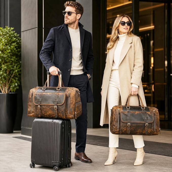 Canvas + Leather Travel Luggage Tote Duffle Gym Suitcase Weekender Overnight Bag For Men Male FB8151 (8151-Dark Brown2) - Image 2