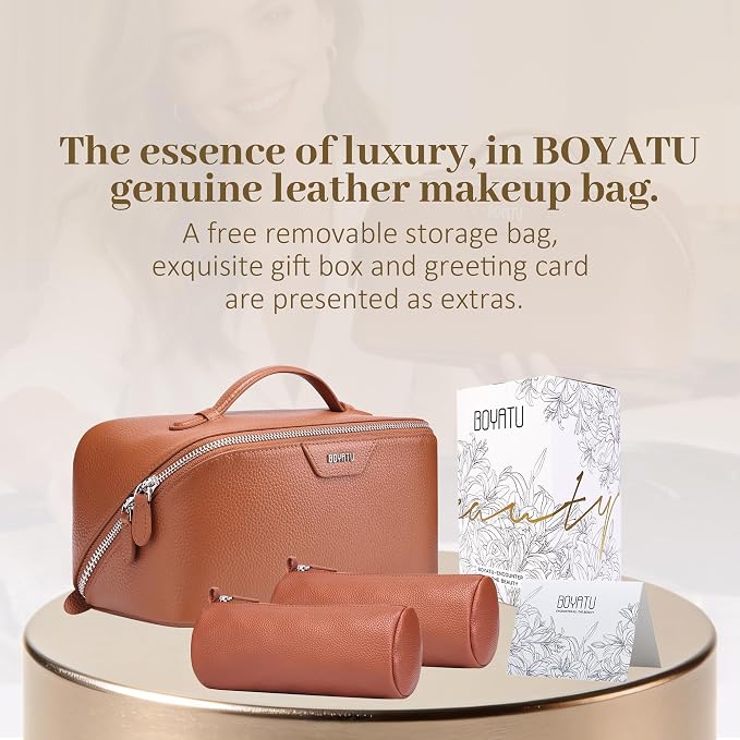 BOYATU Genuine Leather Travel Makeup Bag: Large Capacity 3 Pcs Set Cosmetic Bags for Women - Designer Waterproof Hand-made for Toiletry Organizer - Ladies Travel Essentials for Elegance (01Brown) - Image 7
