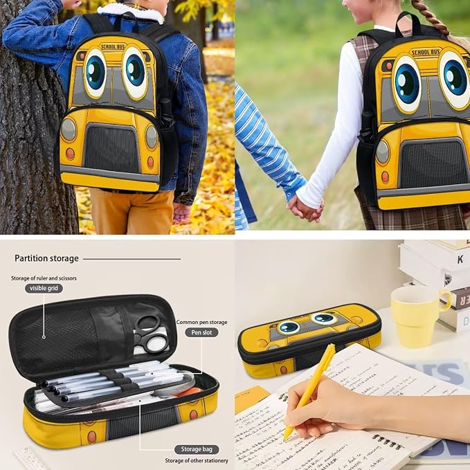 POLERO Cartoon School Bus Backpack for Elementary Preschool Kindergarten Boys Girls Bookbag with Lunch Box Pencil Case Water Bottle Holder - Image 5