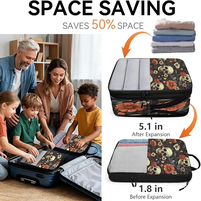 Floral Skull 6 Set Compression Packing Cubes for Travel Luggage Carry On Suitcase Compressible Expandable Packing Cubes Organizers Bag - Image 6