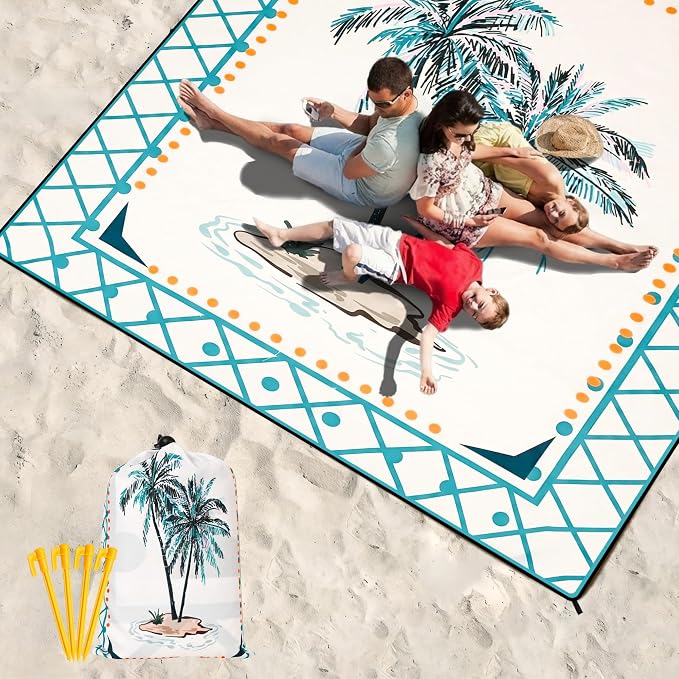 WIWIGO Beach Blanket Sandproof Extra Large Beach Mat Adults Waterproof Quick Drying Sand Free Mat Made By Premium Polyester with 4 Stakes & 4 Corner Pockets for Outdoor Travel Camping Hiking - Image 6