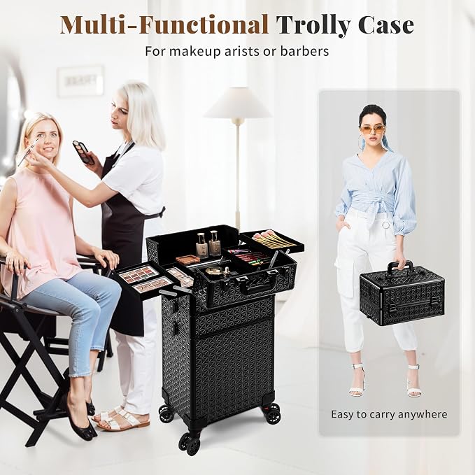 3 in 1 Rolling Makeup Train Case Cosmetology Case on Wheels, Black | Large Cosmetic Trolley Organizer with Keys Salon Barber Case Traveling Cart Trunk for Artist Hairstylists Nail Tech - Image 4