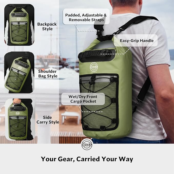 STOVER 5/10/25/30/40L Waterproof Dry Backpack & Phone Case- Large Floating Dry Bag for Kayaking, Travel, Hiking, Fishing, Camping, Motorcycles & Beach, Heavy-Duty Roll Top Men/Women (Green) - Image 3