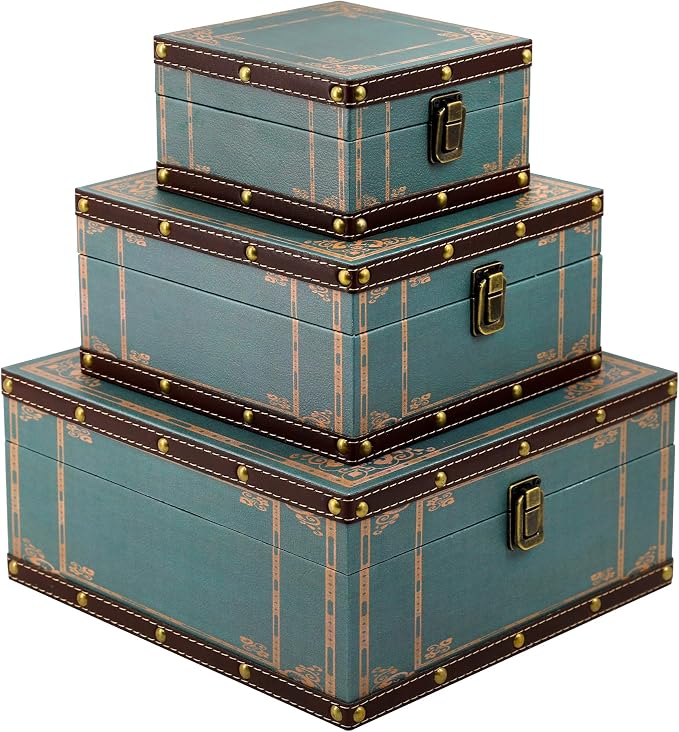 Jolitac Wooden Storage Box Set of 3, Antique-Looking Storage Containers with Secret Compartments Vintage Nesting Keepsake Chests for Jewelry, Cash, Photos Travel-Friendly & Stackable (Green) by Jolitac