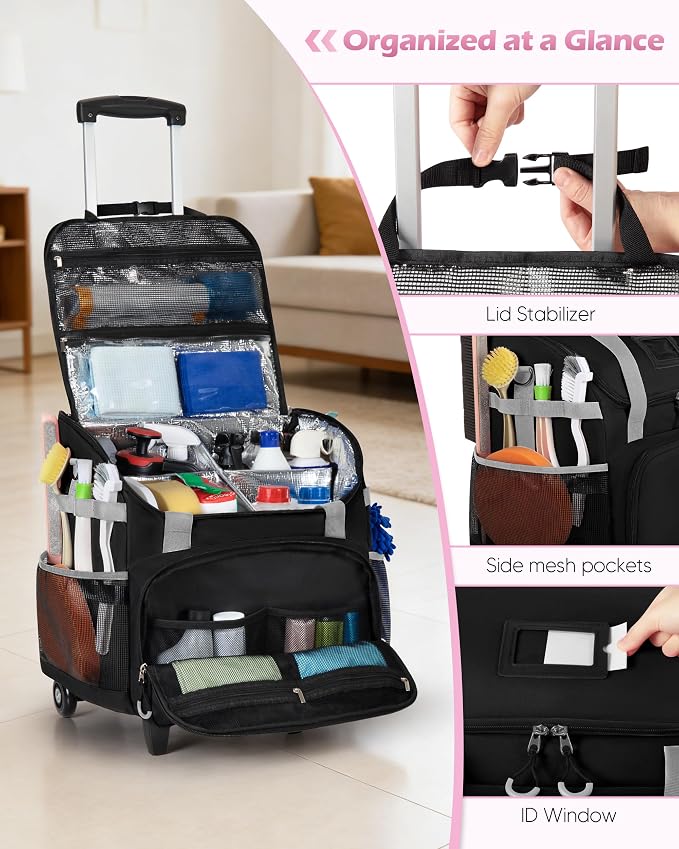 Marscamd Large Rolling Cleaning Caddy Bag with Detachable Trolley, Cleaning Supplies Organizer with Wheels for Housekeepers, Black - Image 2