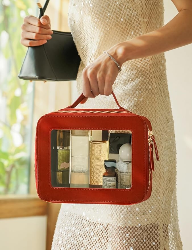 Popvibe Clear Makeup Bag Travel Cosmetic Case Toiletry Bag with Zipper Make Up Case Traveling, Red, Medium and Large - Image 4