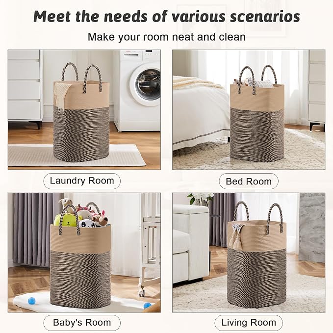 Laundry Basket,Woven Cotton Rope Laundry Hamper,Versatile Storage for Dirty Clothes,Baby Toys,and Blankets in Bathroom, Nursery,and Living Room (Jute, 80L) - Image 5