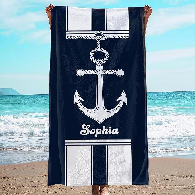 JML Personalized Beach Towel with Name, Custom Anchor Beach Towel, Customized Microfiber Pool Towel, Quick Dry & Absorbent Swim Towel for Adult,Anniversary, Birthday, Summer Holiday,Vacation by JML