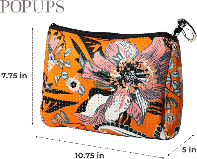POPUPS Brand Large Makeup Bag with Zipper - Neoprene Machine Washable Travel Toiletry Cosmetic Organizer Pouch for Women (Print Blossom Orange) - Image 3