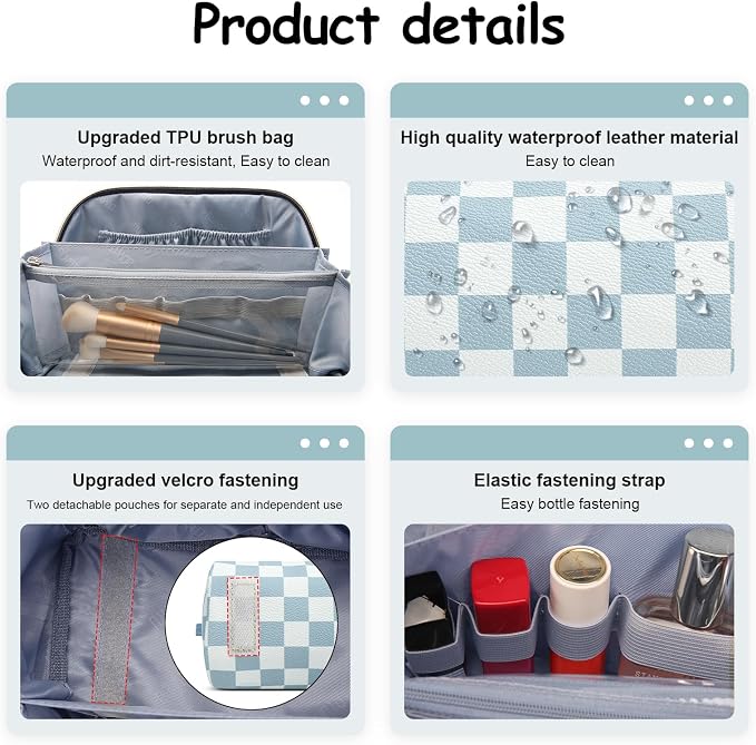 BOYATU Travel Makeup Bag Organizer Cosmetic Bag: 3 Pcs Set Make up Bags for Women with Handle - Waterproof Vegan Leather Toiletry Bag (01-G-Blue) - Image 6