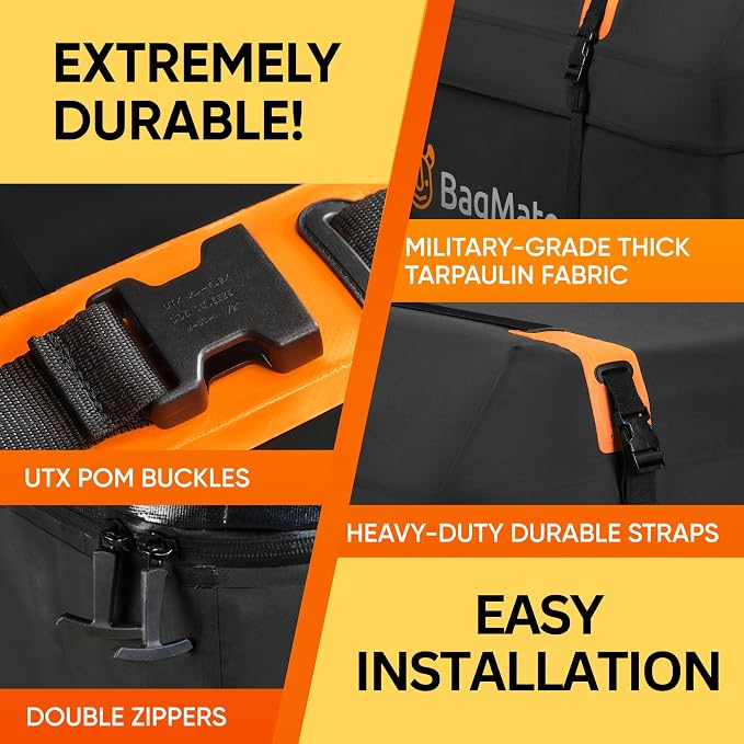 Car Roof Bag - Car Rooftop Cargo Carrier Bag – 19 Cubic Ft Waterproof Roof Rack Cargo Carrier, Includes Anti-Slip Mat, 4 Door Hooks, Reinforced Zipper/Buckle, with or Without Rack - Image 6